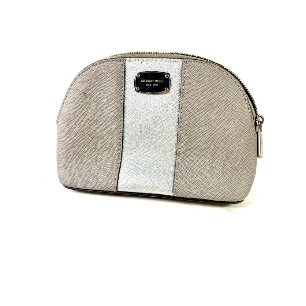 Michael Kors Saffiano Leather Cosmetic Pouch Taupe Silver Stripe Dome Bag